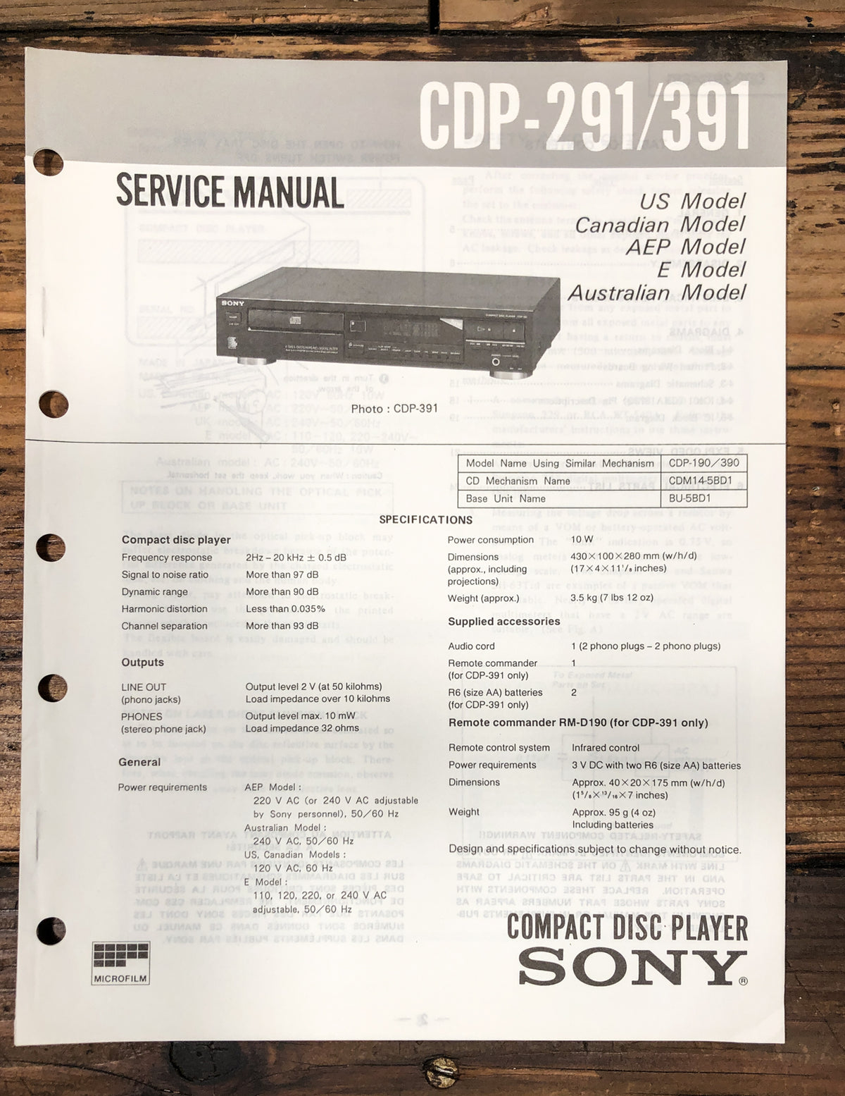 Sony CDP-291 CDP-391 CD Player  Service Manual *Original*