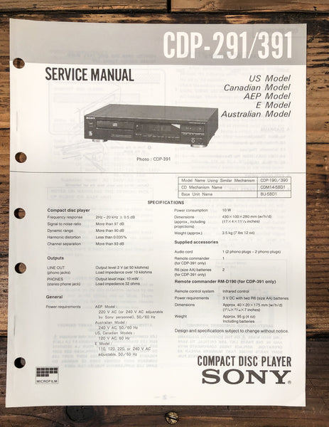 Sony CDP-291 CDP-391 CD Player  Service Manual *Original*