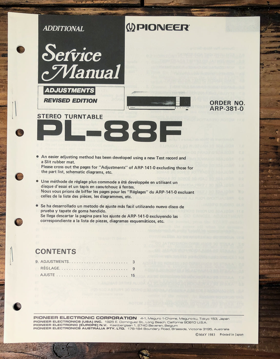 Pioneer PL-88F Revised Adjustments Turntable Supp. Service Manual *Original*