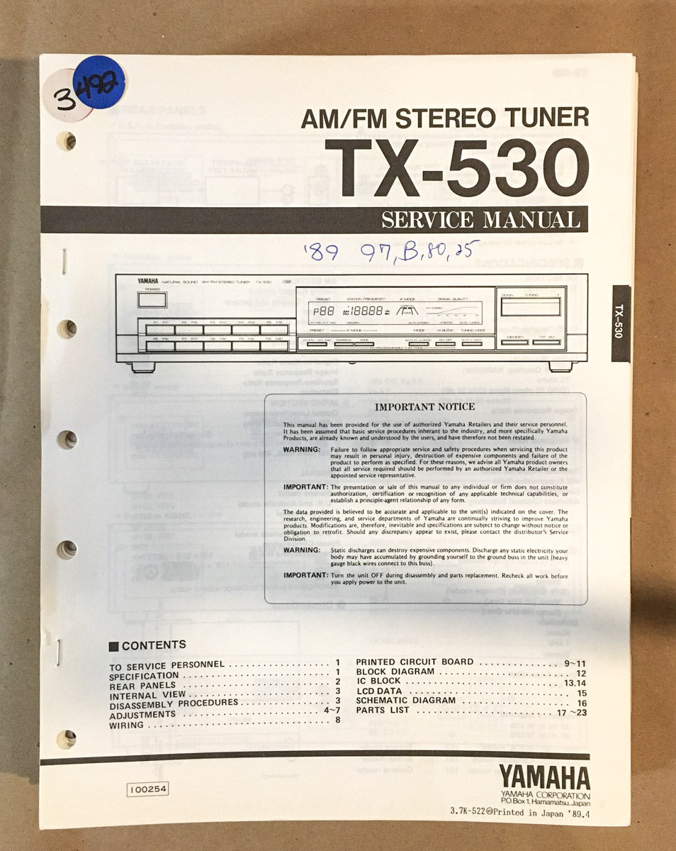 Yamaha TX-530 Tuner  Service Manual *Original*