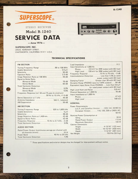 Superscope R-1240 Receiver Service Manual *Original*