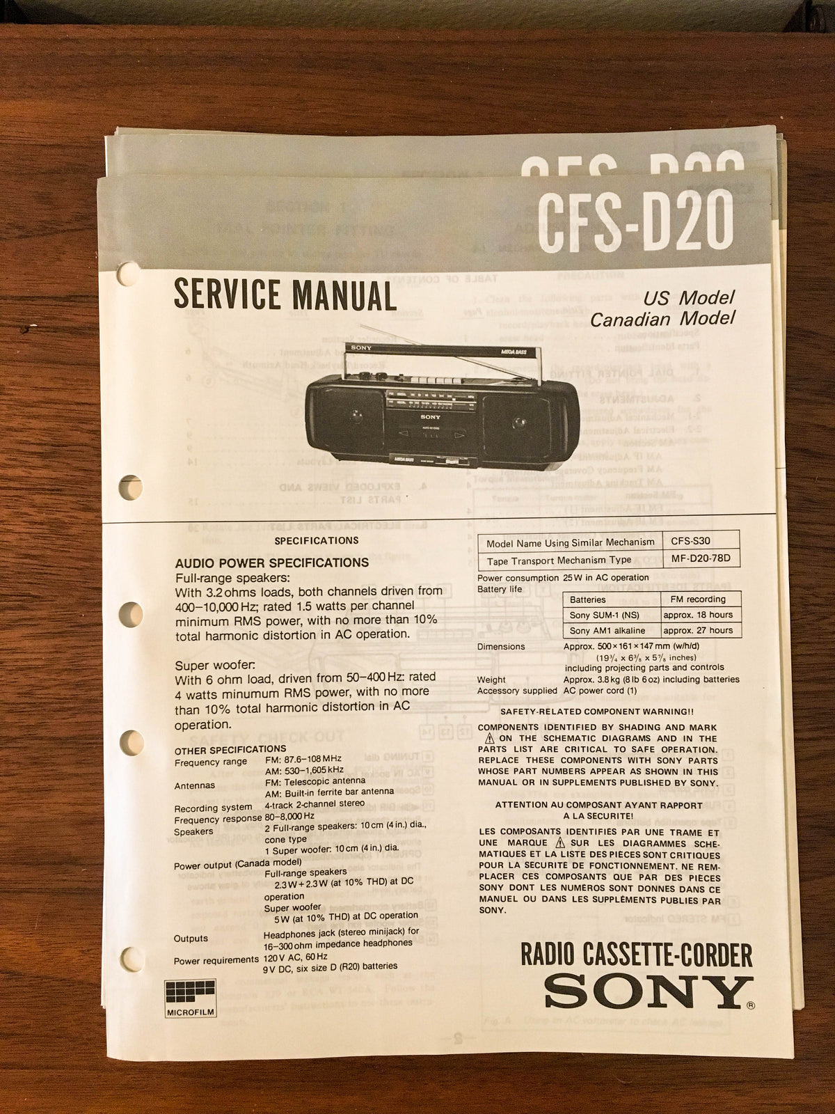 Sony CFS-D20 RADIO CASSETTE Service Manual *Original*