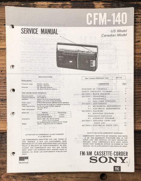 Sony CFM-140 Radio Cassette  Service Manual *Original*