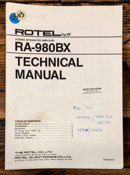 Rotel RA-980BX Amplifier  Service Manual *Original*