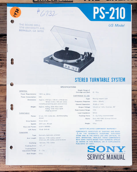 Sony PS-210 Record Player / Turntable  Service Manual *Original*