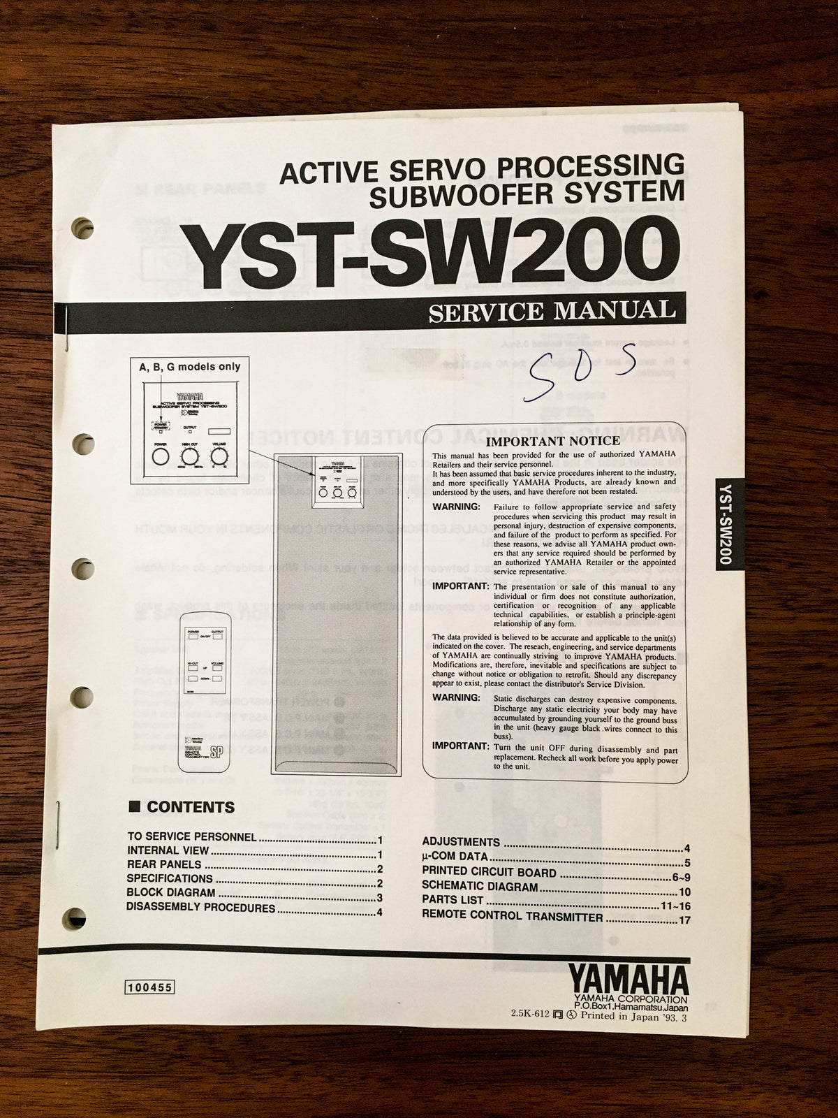 Yamaha YST-SW200 SUBWOOFER Service Manual *Original*