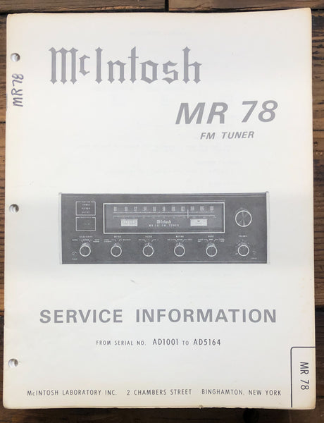 McIntosh MR78 MR-78 Tuner  Service Manual *Original*