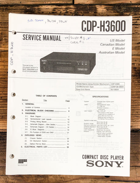 Sony CDP-H3600 CD Player  Service Manual *Original*