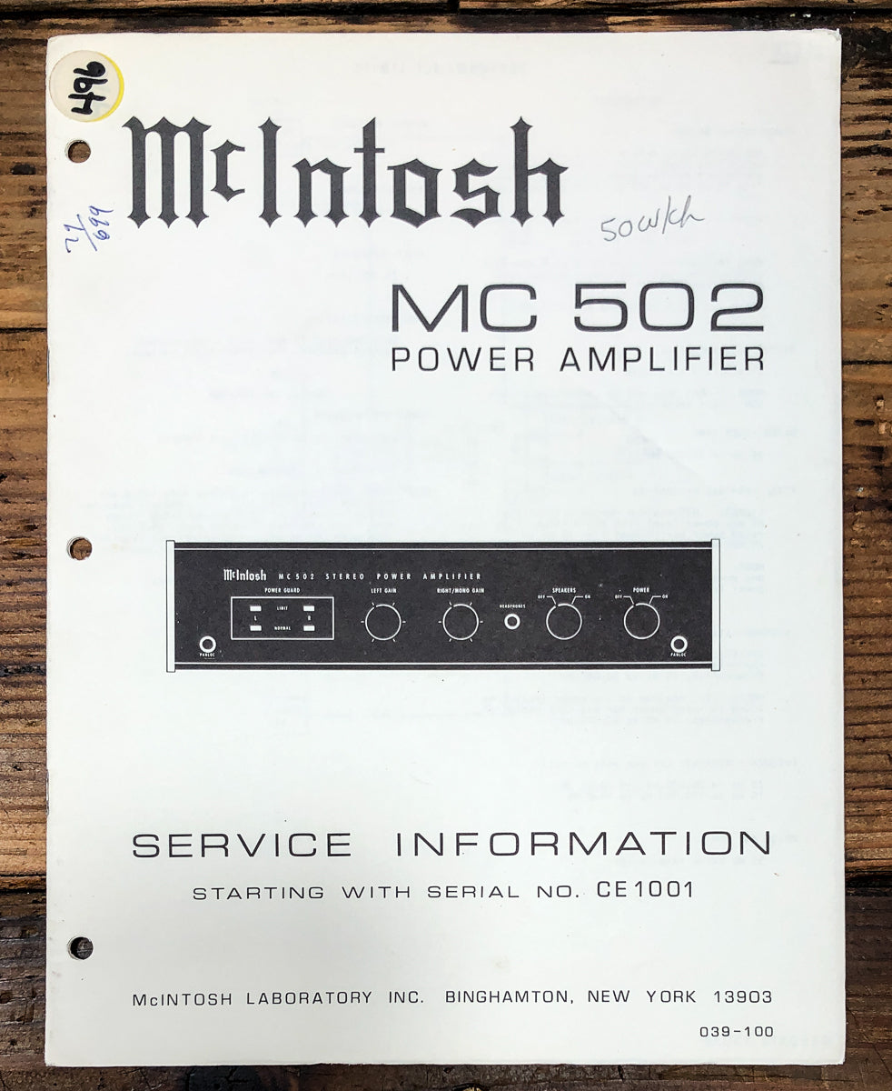 McIntosh MC-502 MC502 Amplifier Service Manual *Original*