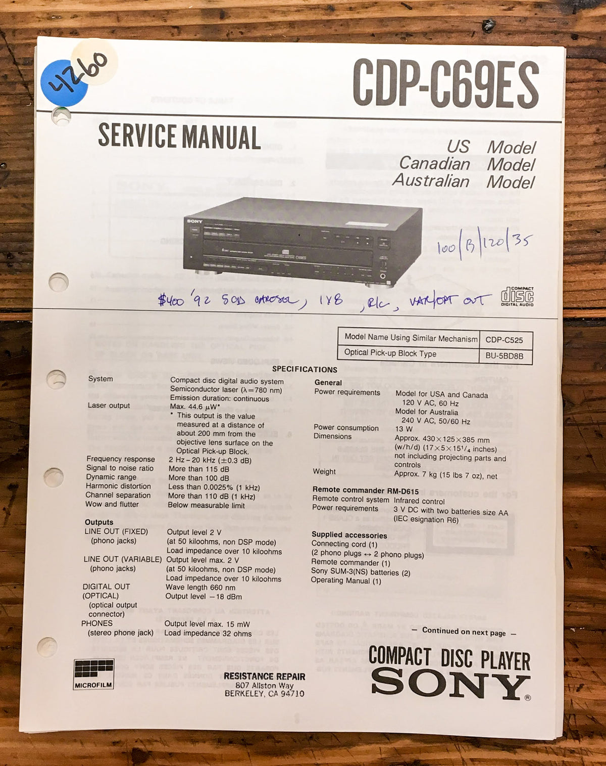 Sony CDP-C69ES CD Player  Service Manual *Original*