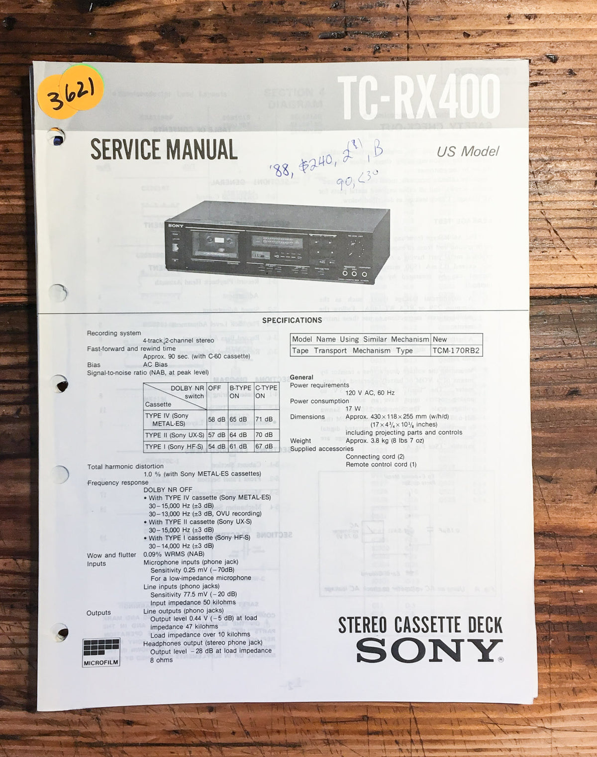 Sony TC-RX400 Cassette  Service Manual *Original*