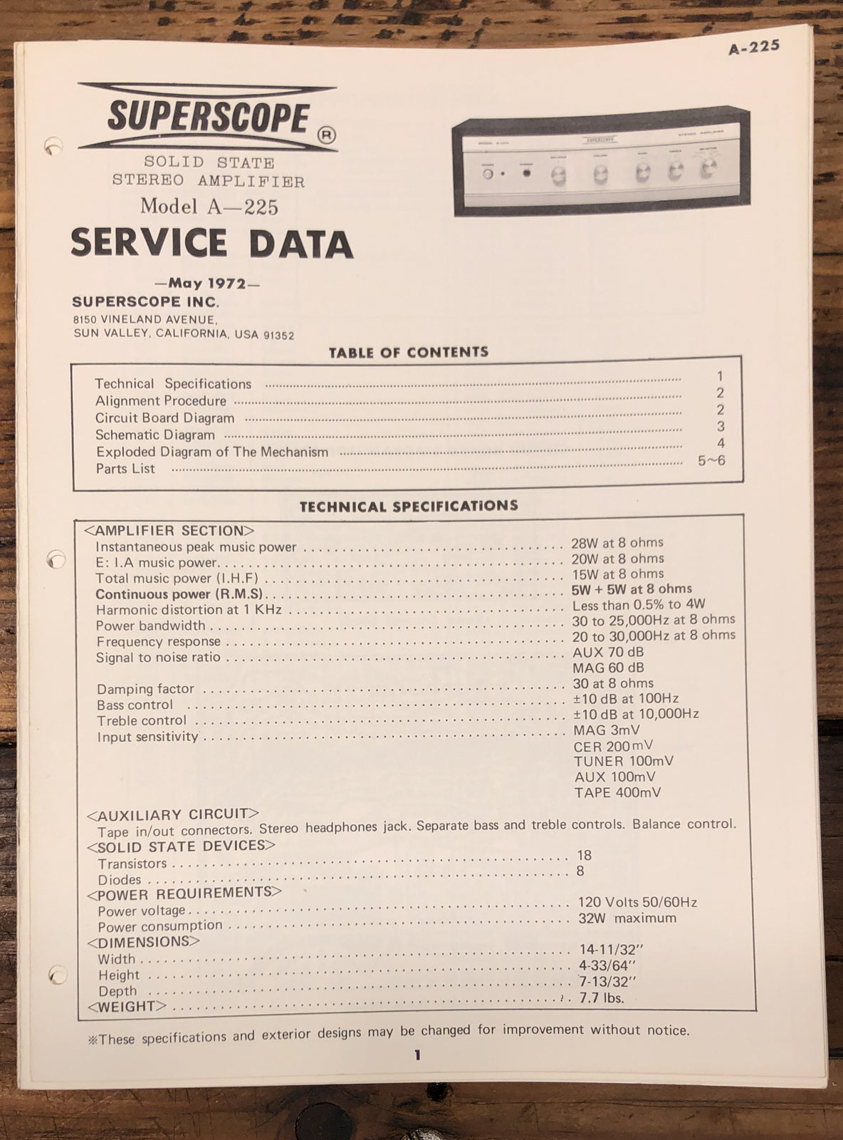 Superscope A-225 Amplifier  Service Manual *Original*