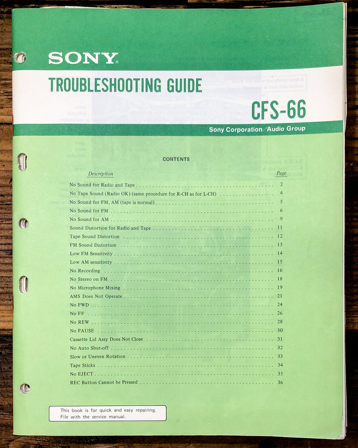 Sony CFS-66 Radio / Stereo Troubleshooting Guide *Orig*