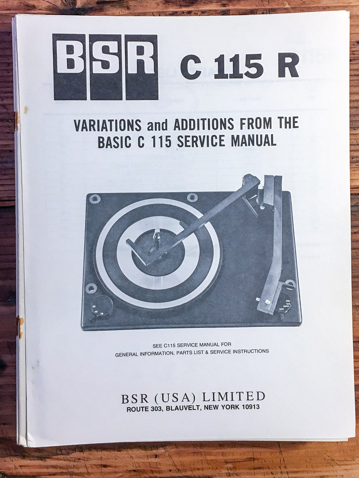 BSR / McDonald Model C115R C-115-R Record Player  Service Manual *Original*