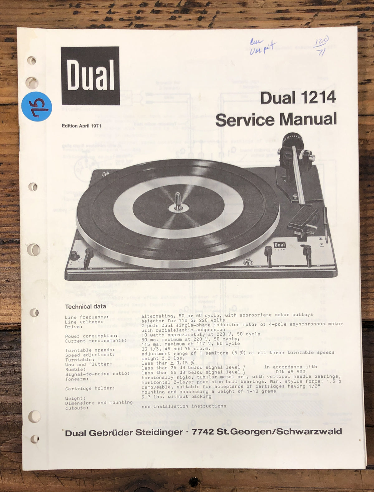 Dual Model 1214 Record Player / Turntable  Service Manual *Original*