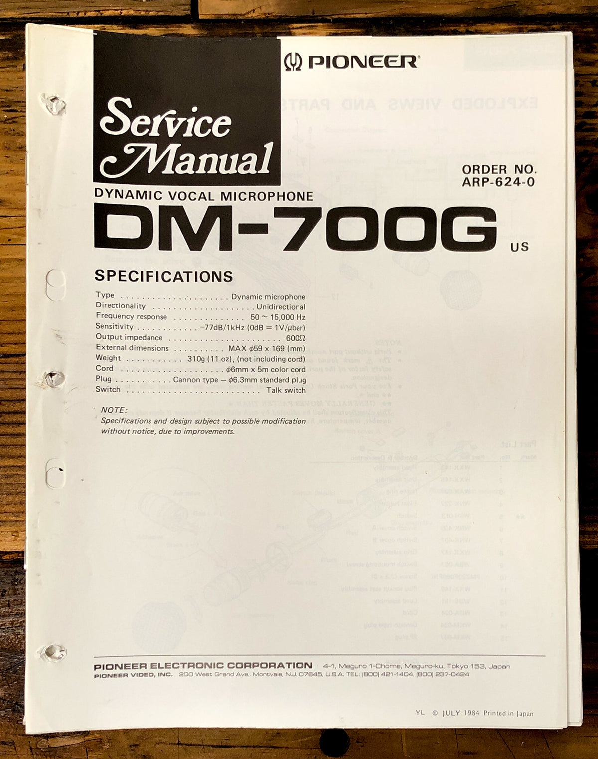 Pioneer DM-700G Microphone Service Manual *Original*
