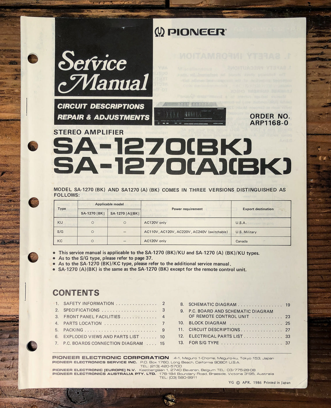 Pioneer SA-1270 Amplifier Service Manual *Original*