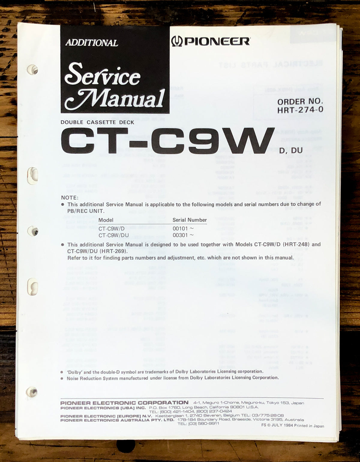 Pioneer CT-C9W Cassette Add. Service Manual *Original*