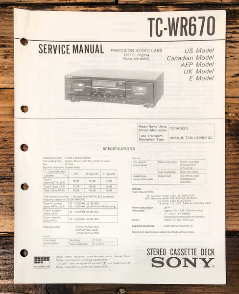 Sony TC-WR670 Cassette Service Manual *Original*