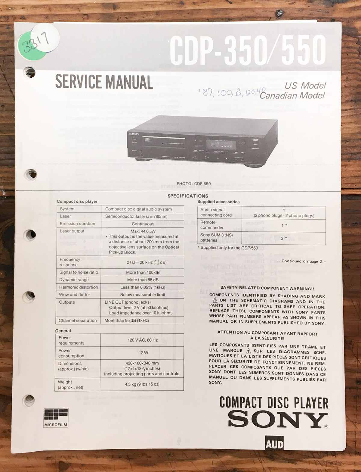Sony CDP-350 CDP-550 CD Player  Service Manual *Original*