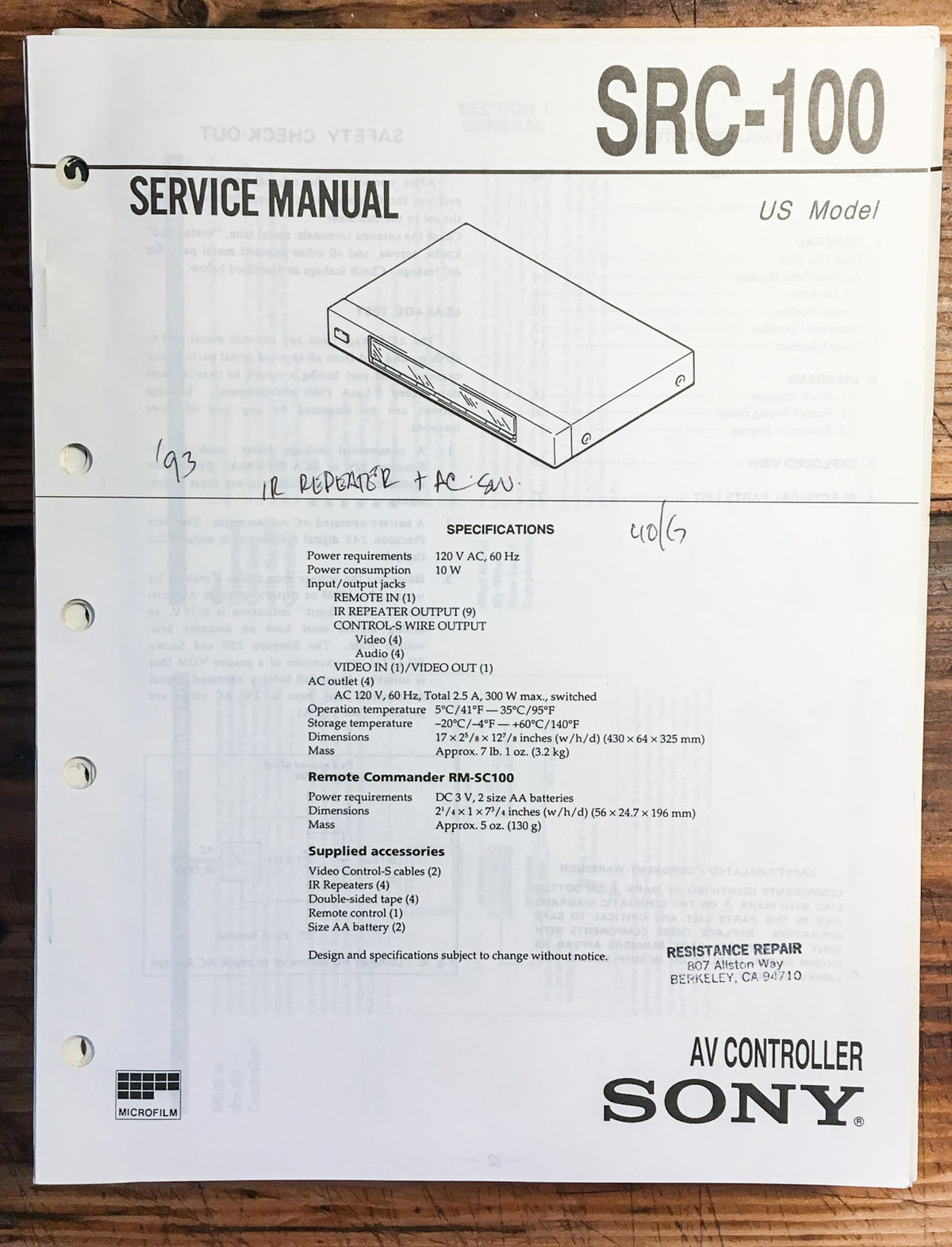 Sony SRC-100 AV Controller  Service Manual *Original*