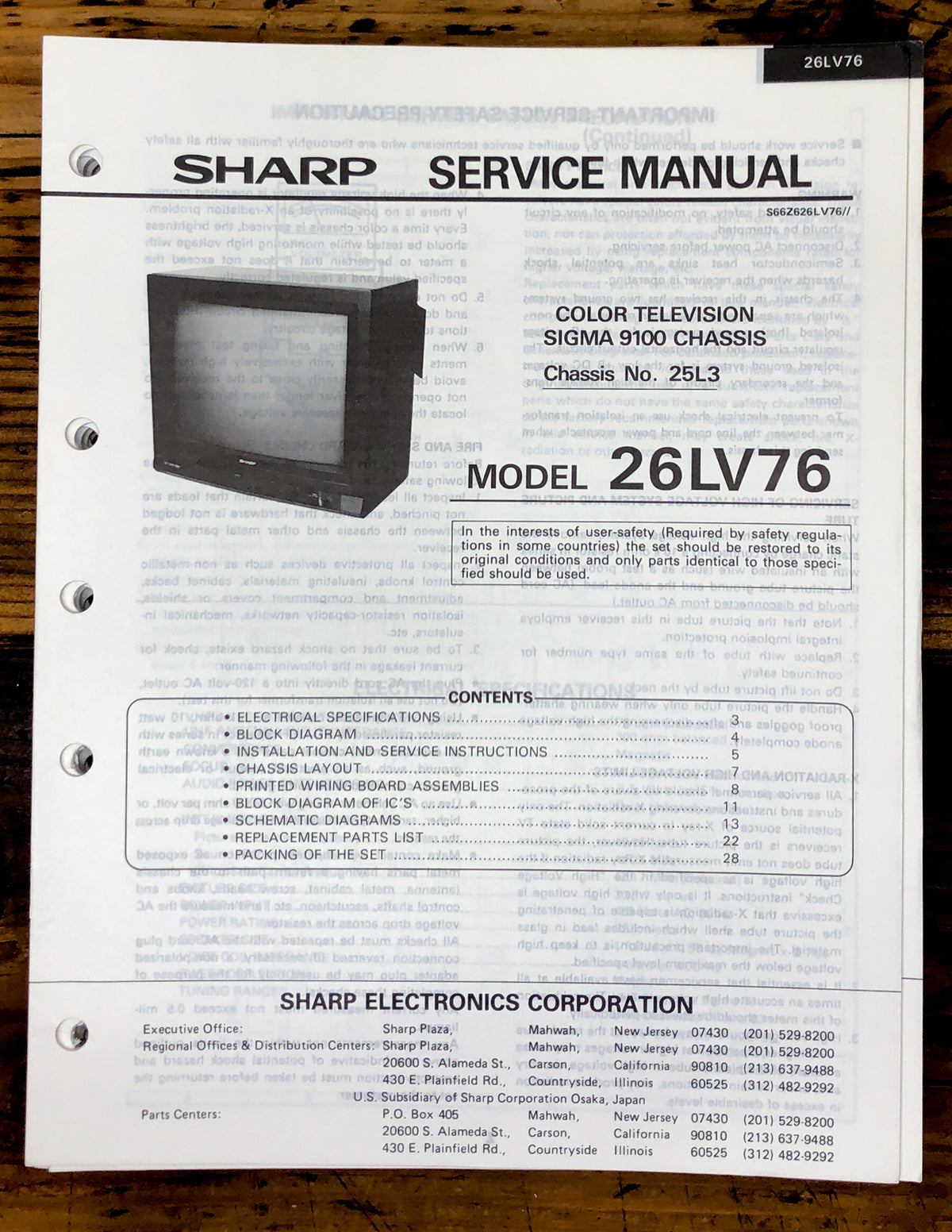 Sharp 26LV76 TV / Television Service Manual *Original*