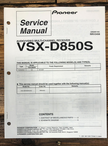 Pioneer VSX-D850S Receiver Service Manual *Original*
