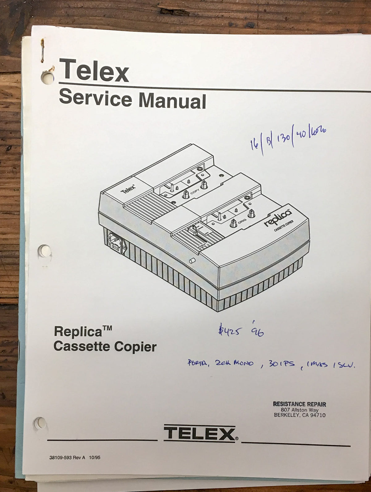 Telex Replica Cassette Copier  Service Manual *Original*