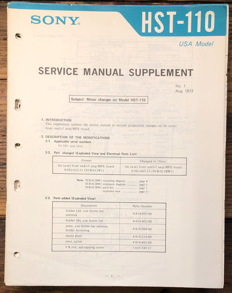 Sony HST-110 Radio Supp. Service Manual *Original*