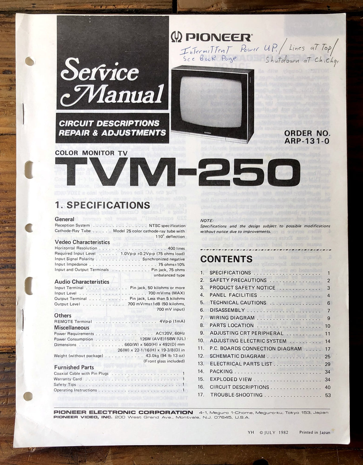 Pioneer TVM-250 Color Monitor TV Service Manual *Original*