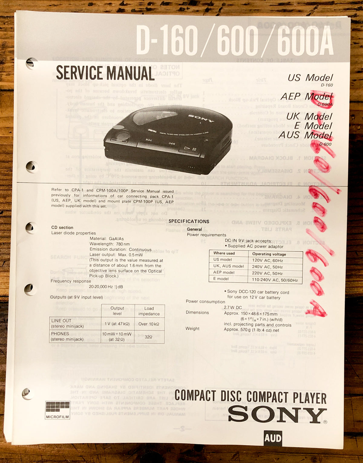 Sony D-160 D-600 D-600A CD Player / Discman  Service Manual *Original*