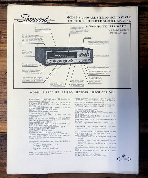 Sherwood S-7800 Receiver  Service Manual *Original* #1