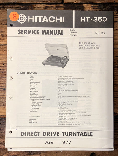 Hitachi HT-350 Record Player / Turntable  Service Manual *Original*