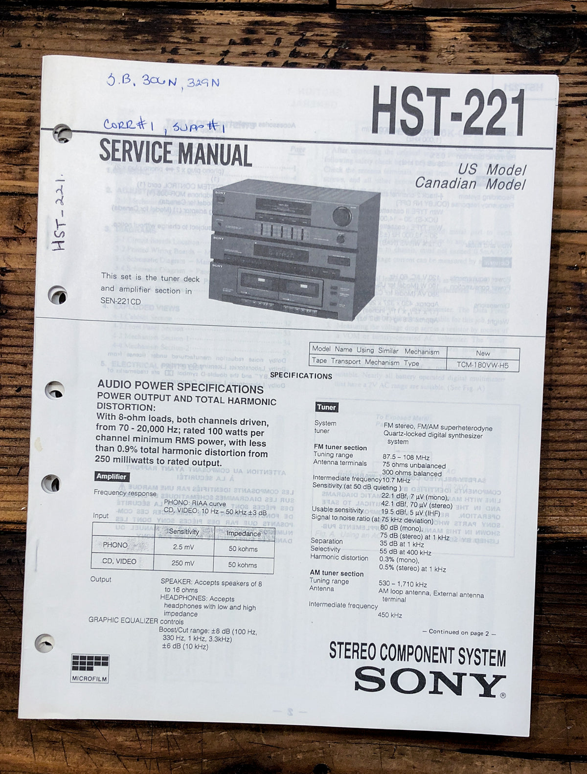 Sony HST-221 Stereo  Service Manual *Original*