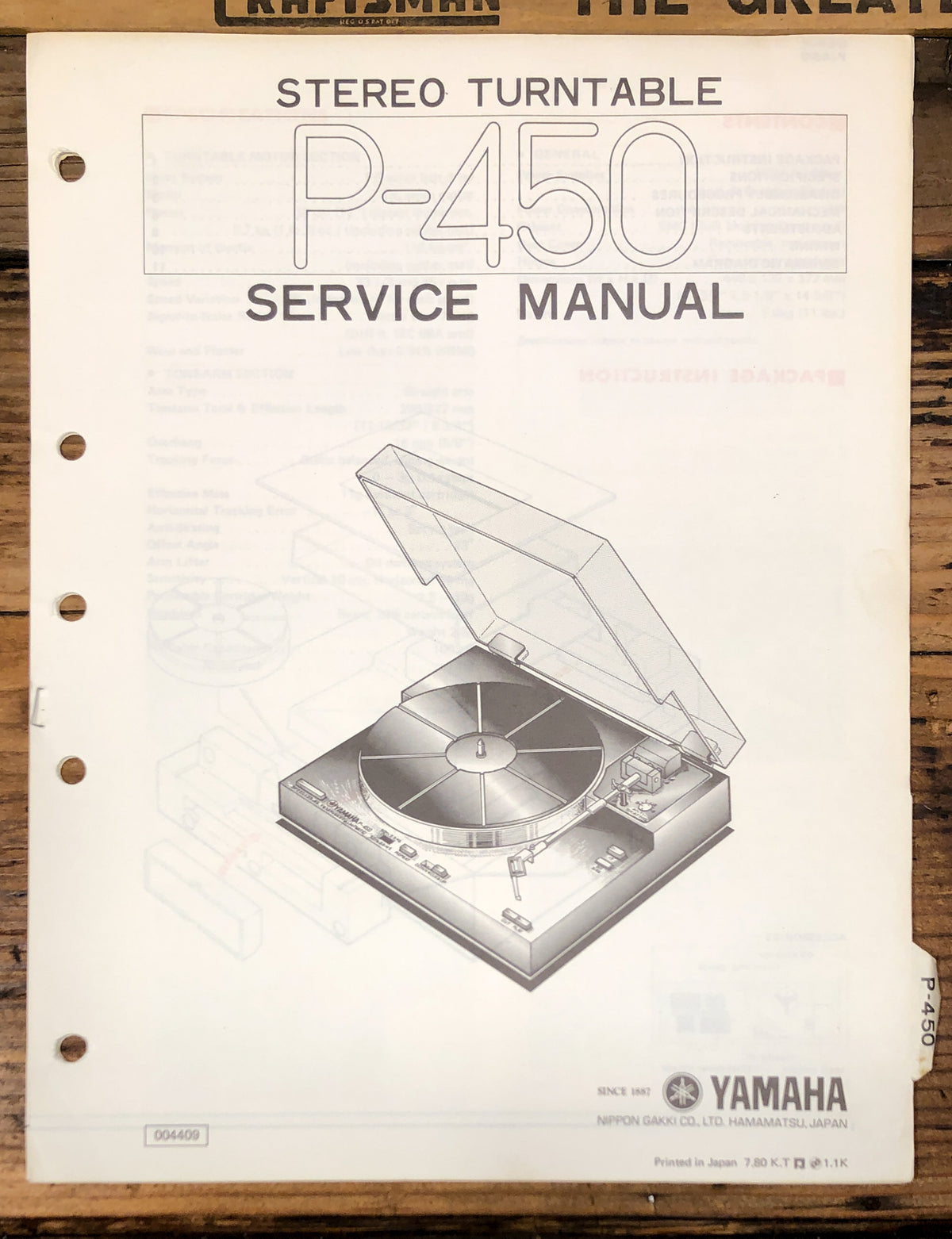 Yamaha P-450 Record Player / Turntable  Service Manual *Original*