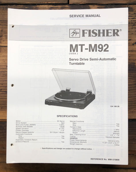 Fisher MT-M92 Record Player / Turntable  Service Manual *Original*