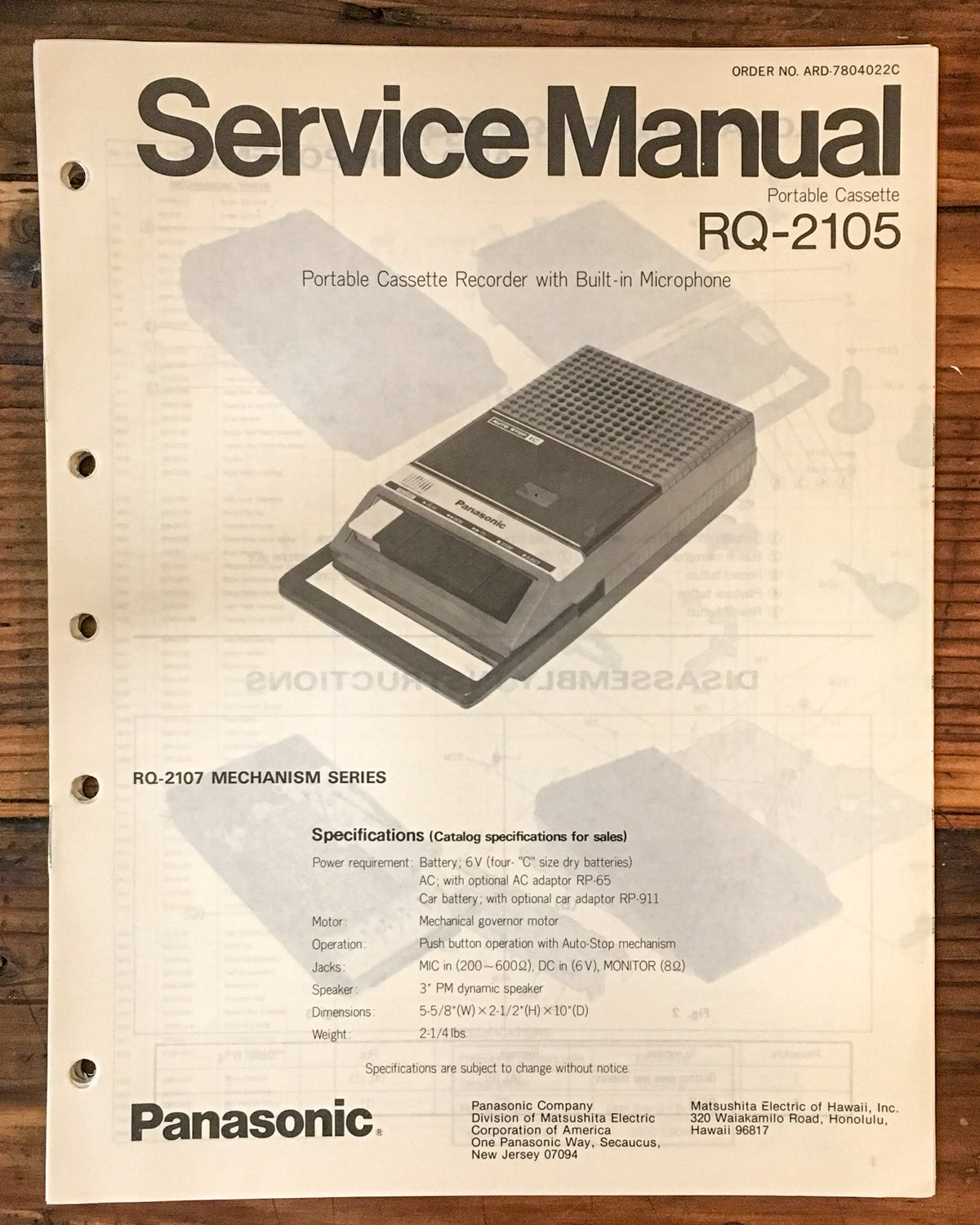 Panasonic RQ-2105 Portable Cassette  Service Manual *Original*