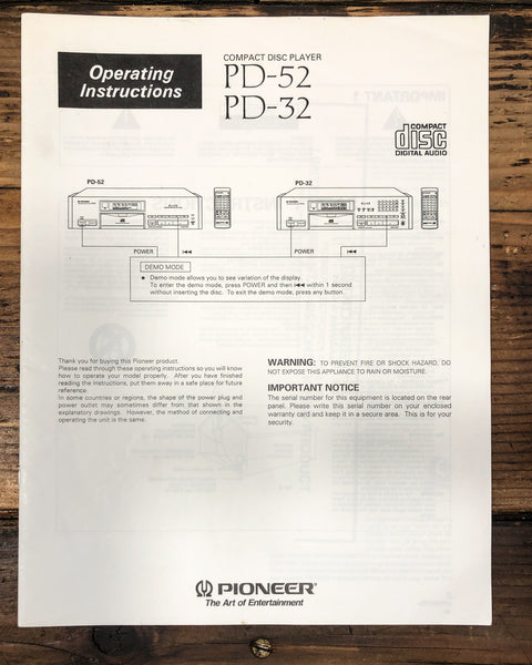 Pioneer PD-32 PD-52 CD Player Owners / User Manual *Original*