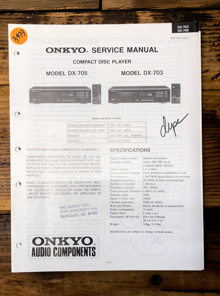 Onkyo DX-703 DX-705 CD Player  Service Manual *Original*