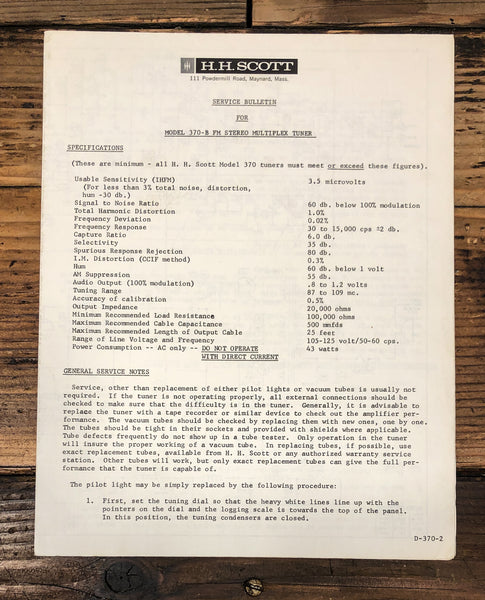 HH Scott Model 370B 370-B Receiver Service Manual *Original*