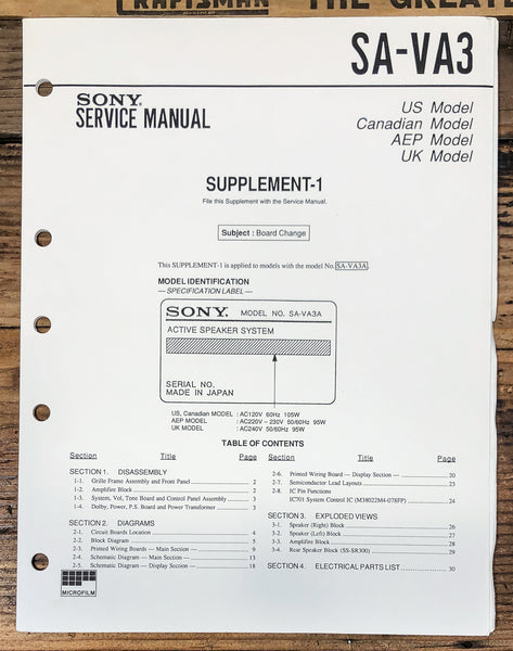 Sony SA-VA3 Speaker Supp. Service Manual *Original*