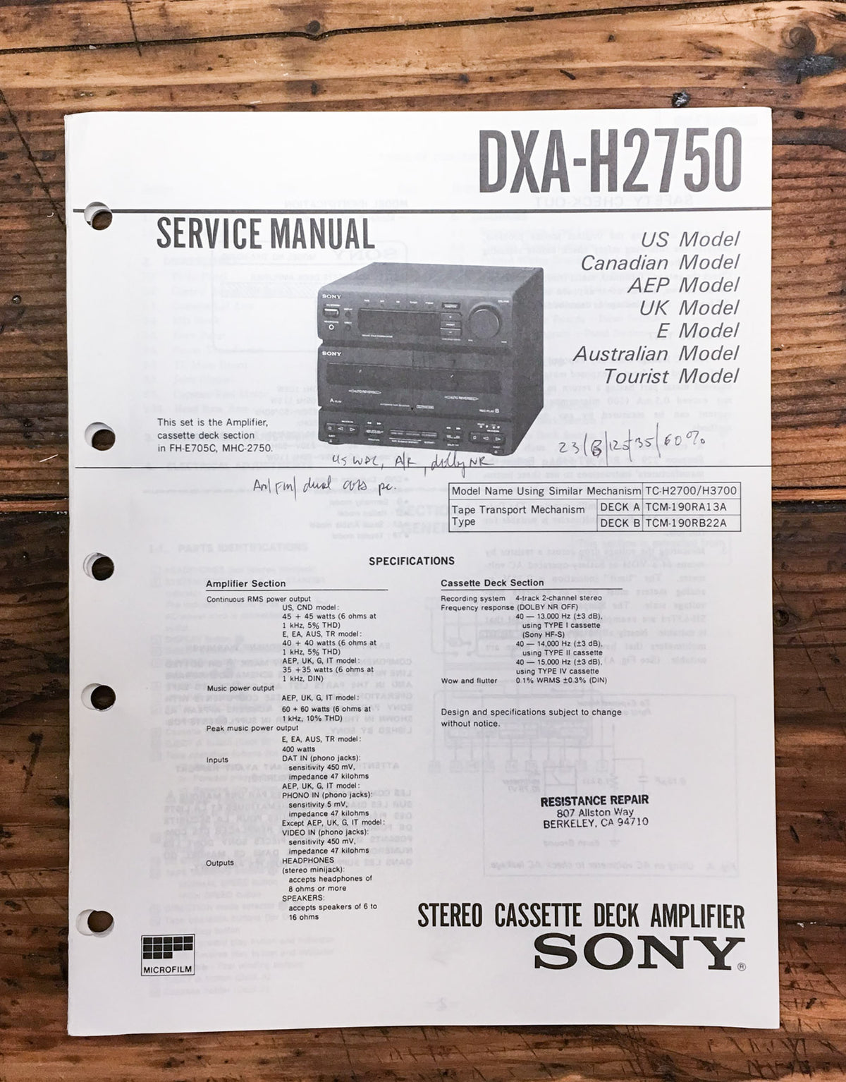 Sony DXA-H2750 Stereo  Service Manual *Original*
