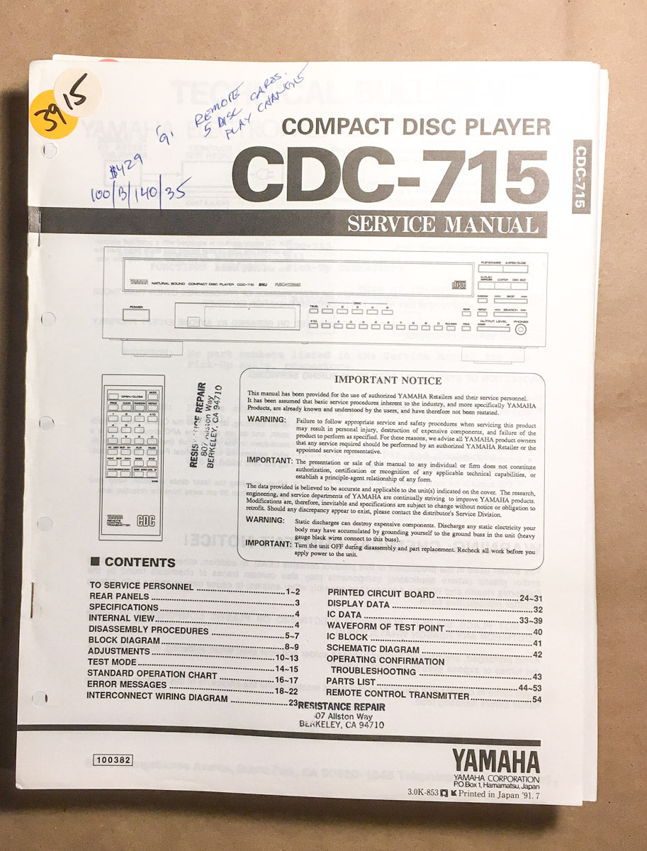 Yamaha CDC-715 CD Player  Service Manual *Original*