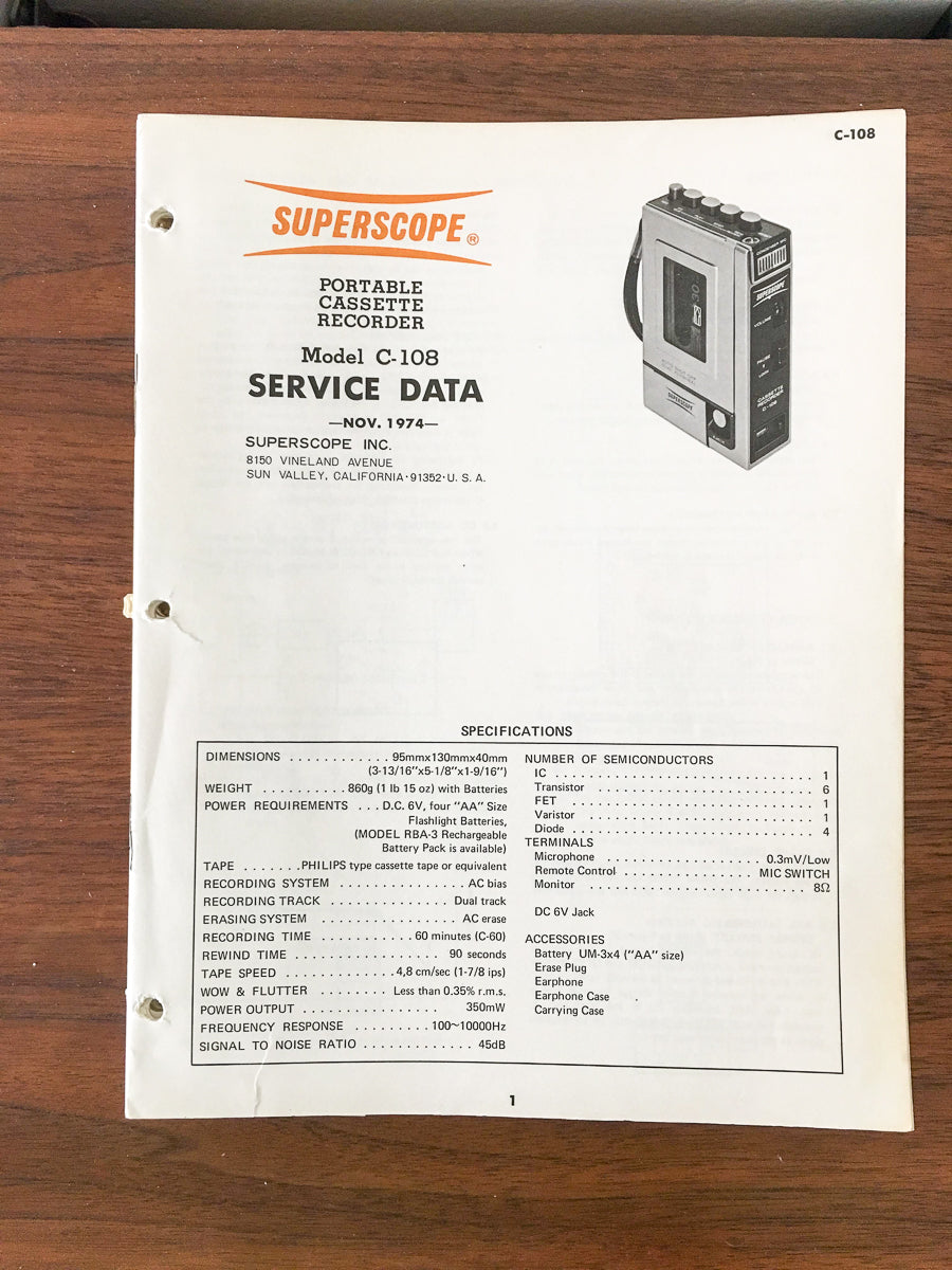 Superscope C-108 Cassette Recorder Service Manual *Original*