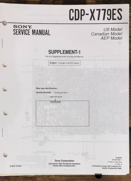 Sony CDP-X779ES CD Player Supp.  Service Manual *Original*
