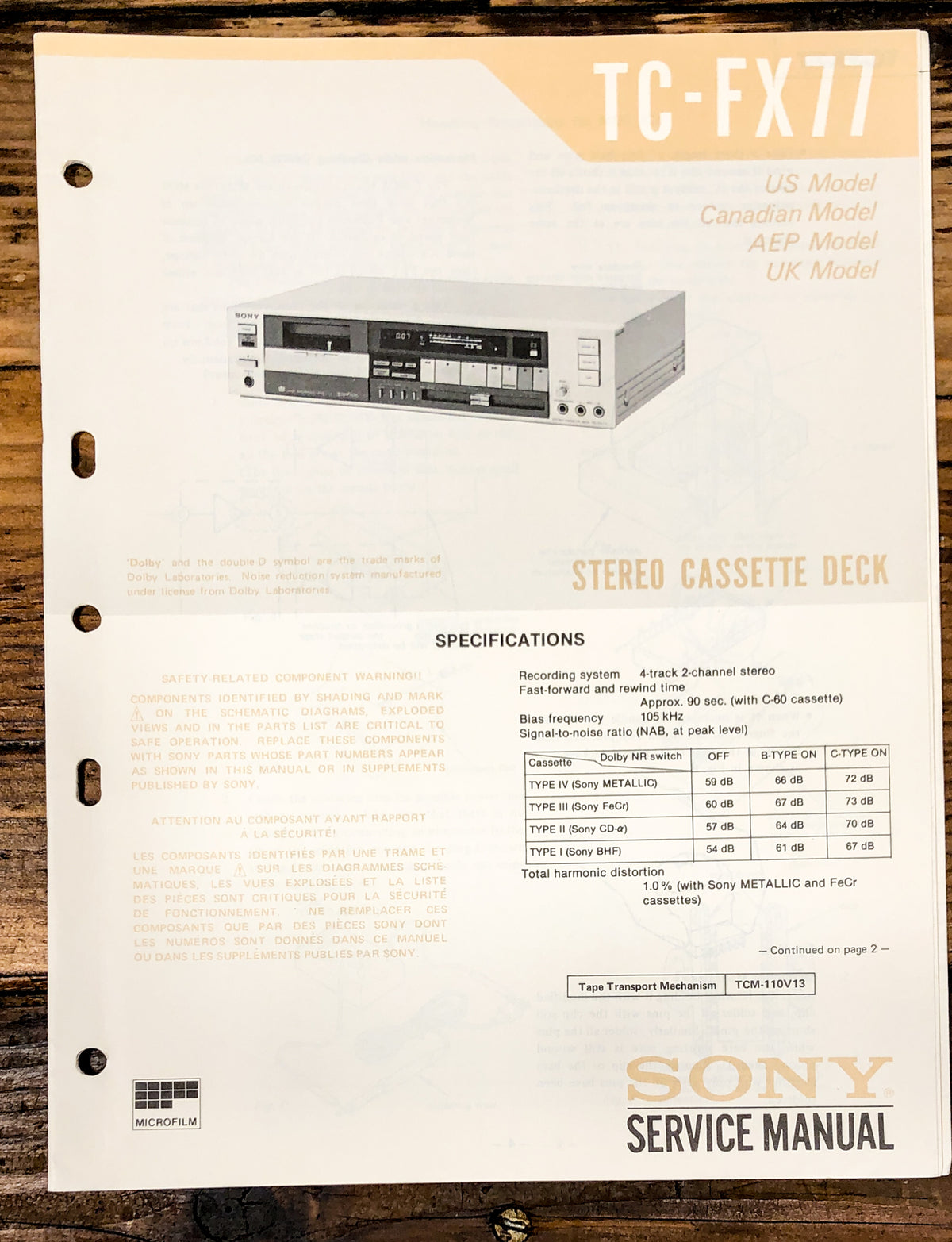 Sony TC-FX77 Cassette Service Manual *Original*