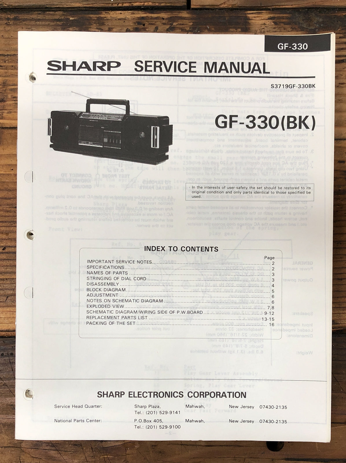 Sharp GF-330 Radio Cassette  Service Manual *Original*