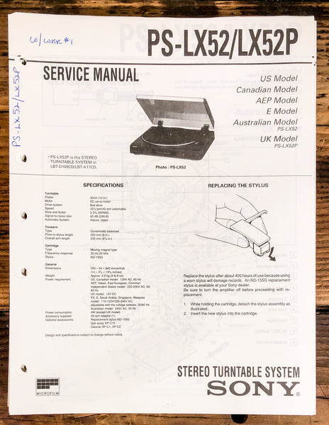 Sony PS-LX52 -LX52P Record Player / Turntable  Service Manual *Original*
