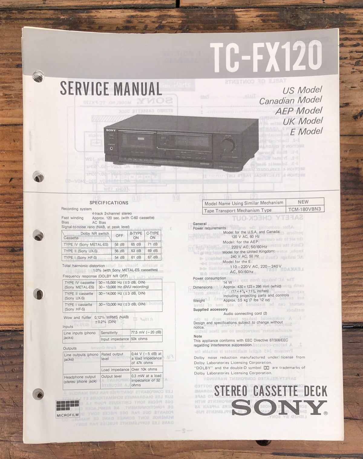 Sony TC-FX120 Cassette  Service Manual *Original*