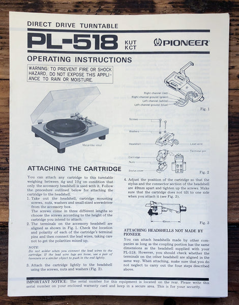 Pioneer PL-518 Record Player / Turntable  Owner / User Manual *Original*